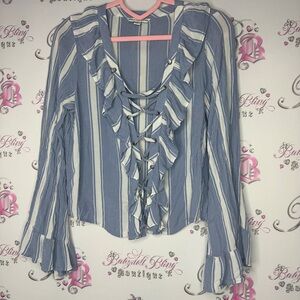 American eagle long sleeve top bell bottom lace up corset pin stripe blue white